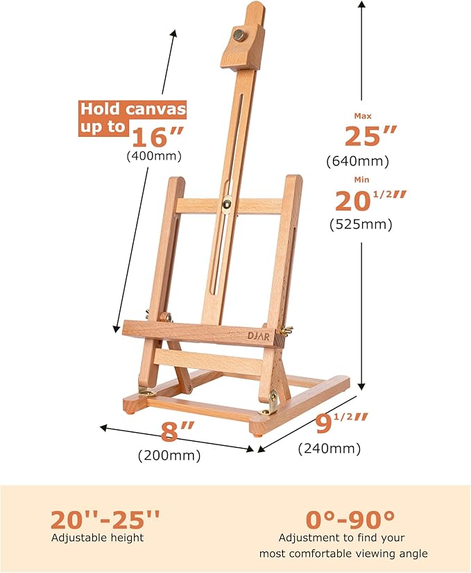 DJAR 25" Tabletop Easel for Painting, Adjustable Beech Wood Table Top Wooden Painting Easel, Portable Painting Display Drawing Stand for Teens, Adults, Students, Natural