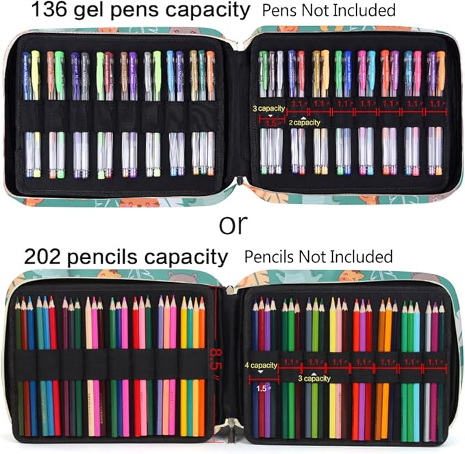 qianshan Pencil Case Holder Slot - Holds 202 Colored Pencils or 136 Gel Pens with Zipper Closure - Large Capacity Pen Organizer for Watercolor Pens or Markers - Perfect for Artist Durk Green Zoo