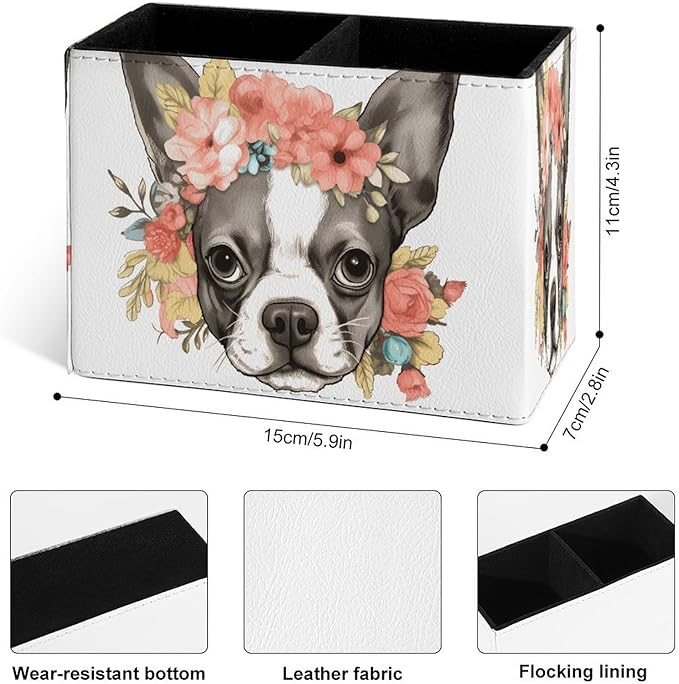 Famame Flowers on Bulldog Head Pencil Holder for Desk, Leather Desktop Container Pen Cup Storage Study Table Pen Organizer Makeup Brush Holder for Classroom Office Home