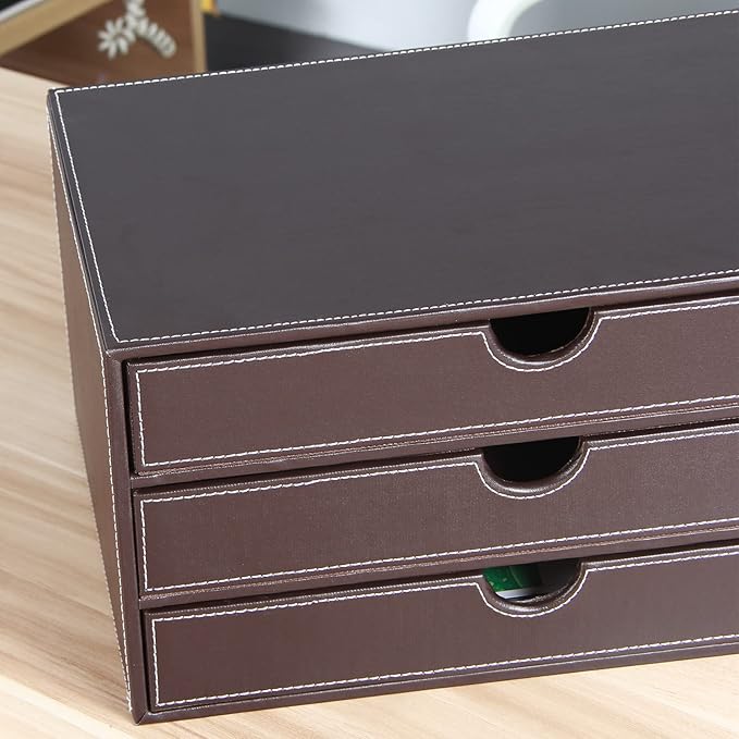 RHCSZ Stackable 3-Drawer Desk Organizer, Executive Office Supplies Desktop Filing A4 File Cabinet/Holder, Leather Storage Box for Document/Paper/Home Decor Accessories (brown)…