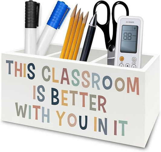 QZQE Boho Classroom Pen Pencil Holder Organizer for Desk, This Classroom Is Better With You in It Wooden Box Signs Decorations for Home Office Desk Tabletop, Back to School Supplies