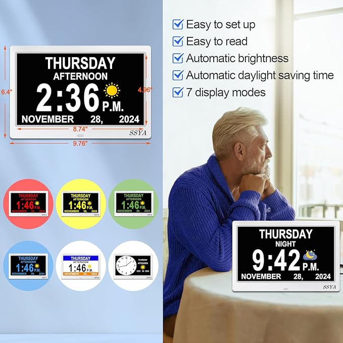 SSYA Dementia Clock for Seniors, Digital Clock with Date and Day of Week, Auto DST, Non-Abbreviated Large Calendar Alarm Clocks (White)