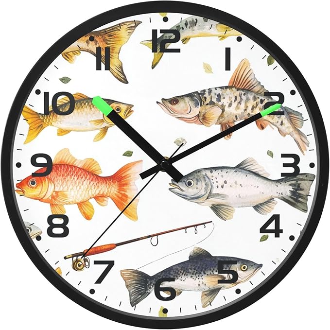Vozoza Fishing Underwater 12 Inch Analog Wall Clocks Battery-Operated with Led Lights for Living Room Bedroom Kitchen Office Decor, Battery Not Included
