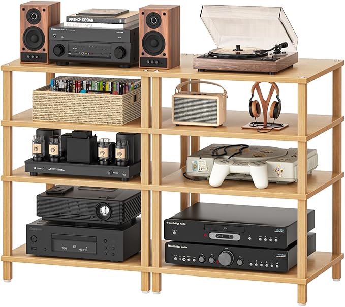 LELELINKY 4-Tier AV Media Player Stand Set of 2, Natural Stereo Cabinet, Wooden TV Stand,Game Console Shelf, Multifunctional Entertainment Center, Suitable for Home, Conference Room, Game Studio