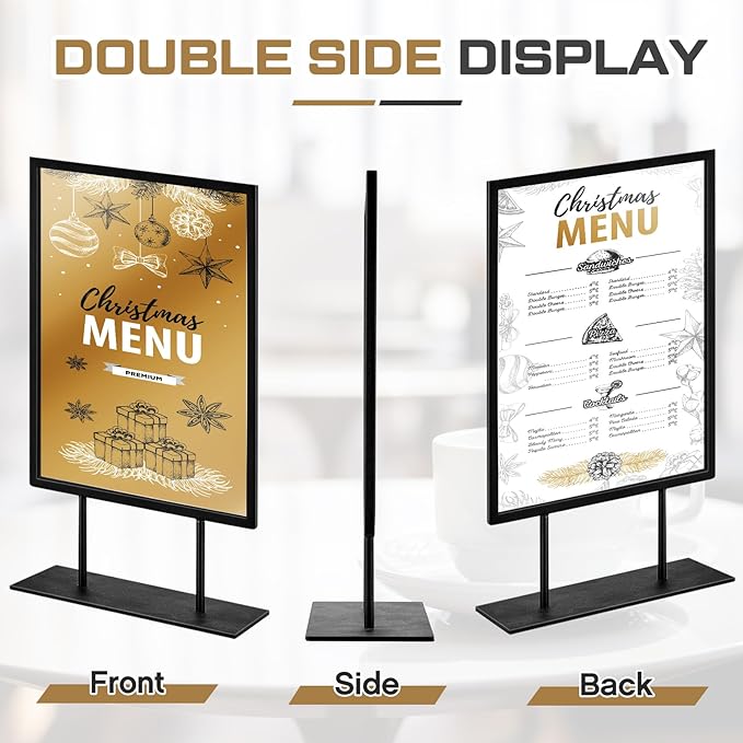 Zhengmy 1 Pcs Tabletop Sign Holder with Flat Base 11" x 14" Double Sided Countertop Sign Holder Vertical Desktop Display Stand Metal Poster Display Stand for Office Store Restaurant Hotels, Black