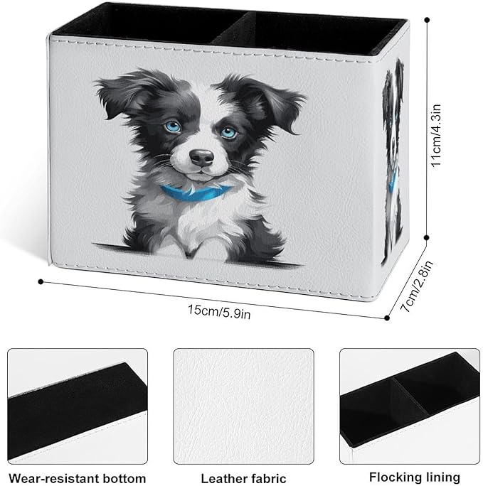 Famame Cute Border Collie Puppy Pencil Holder for Desk, Leather Desktop Container Pen Cup Storage Study Table Pen Organizer Makeup Brush Holder for Classroom Office Home