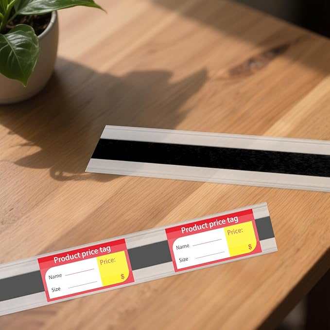 60 Pcs 47.8 x 1.37 Inch Shelf Label Strips Black Clear PVC Ticket Channel Back Adhesive for Stick on Price Data Tag Holder for Convenience Supermarkets Shops