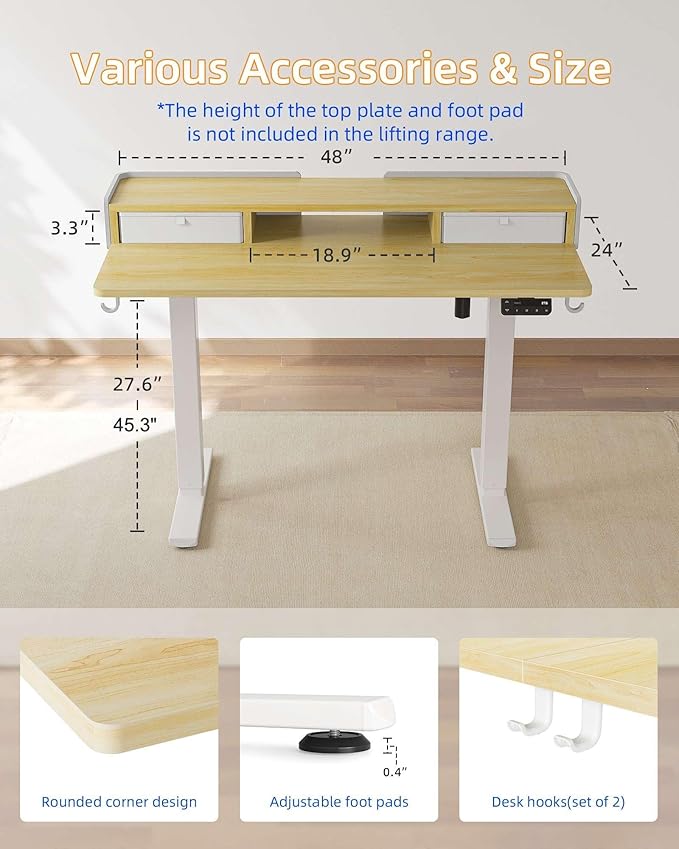 YIHAYO Electric Standing Desk with Drawers, 48 x 24 Inches Adjustable Desk with Storage Shelf, Stand Up Desk with Splice Board, Computer Table for Home Office, White Frame/Natural Top