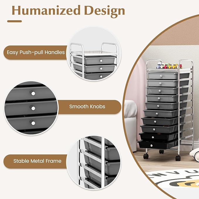 GLACER 10 Drawers Rolling Cart, Storage Cart with w/Removable Drawers & Steel Frame, Utility Mobile Trolley w/Universal Casters & 2 Brakes, Organizer Cart for Home, School, Office (Gradient Grey)