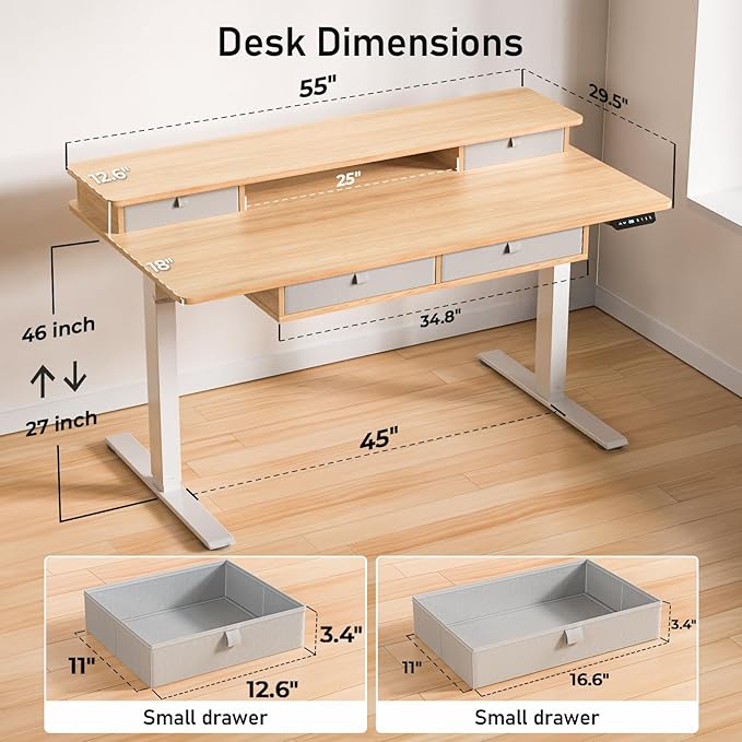 ExaDesk 55 * 30 Inches Electric Standing Widened Desk Adjustable Height with 4 Drawers, Double Storage Shelves, Home Office Workstation Sit Stand up Desk (Nature)