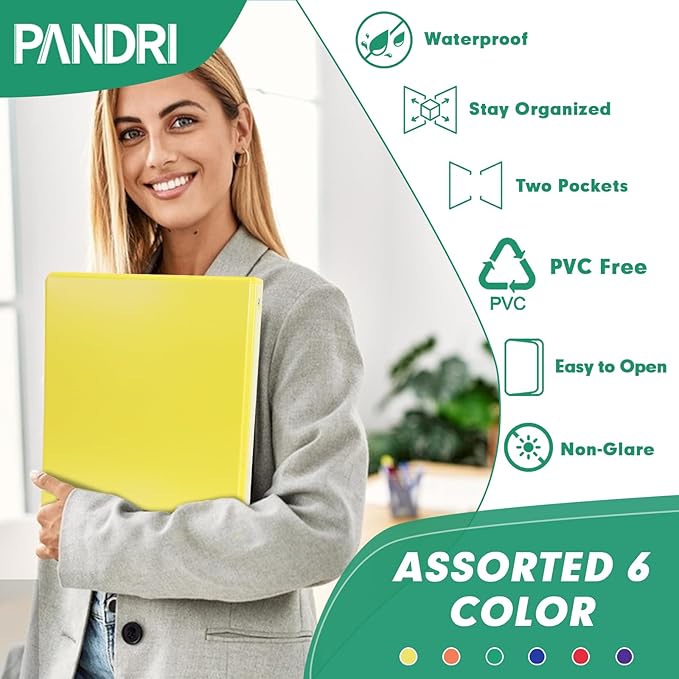 3 Ring Binder 0.5 Inch, PANDRI 6 Pack 1/2-Inch Binder Fits Letter Size 8.5'' x 11'' Paper, Versatile Binders for Office Home School, 2 Pockets, Assorted 6 Color