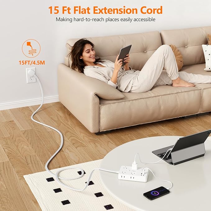 Surge Protector Power Strip-TerHavn 15 FT Flat Extension Cord ，10 AC Outlets & 4 USB Ports(3.4A 17W), 1080J ，Wall Mountable Desktop Charging Station with Flat Plug for Office Supplies and Home, White