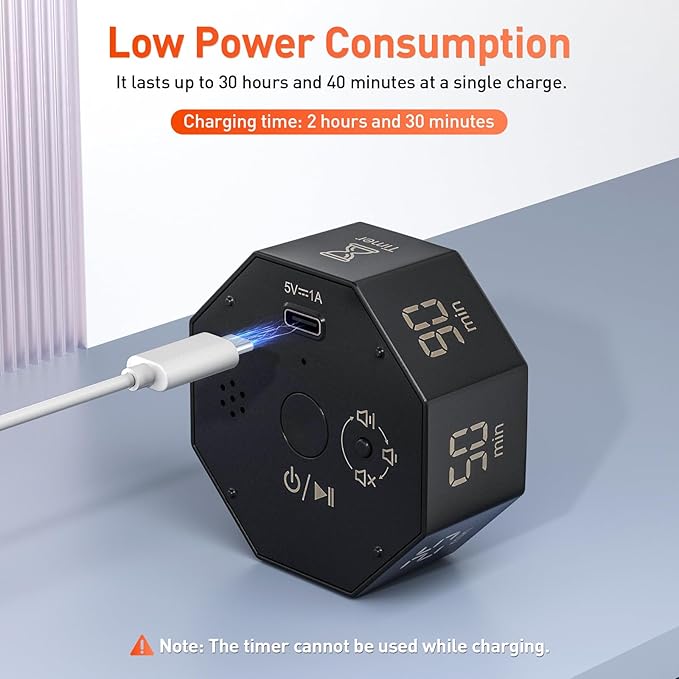Secura Pomodoro Timer, Rotating Cube Time Tracker, Flip Gravity Sensor with 7 Presets(5/10/15/20/25/50/90 Minutes), Visual Progress Bar for ADHD, Kids, Tasks, Work, Study (Dark Gray)