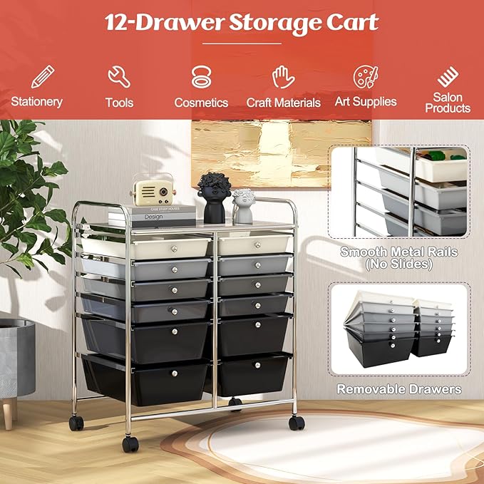 LDAILY 12 Drawer Rolling Storage Cart, Craft Cart Organizer on Wheels w/Metal Frame, Large Capacity & Smooth Drawer, Rolling Cart w/Drawers for Classroom, Office