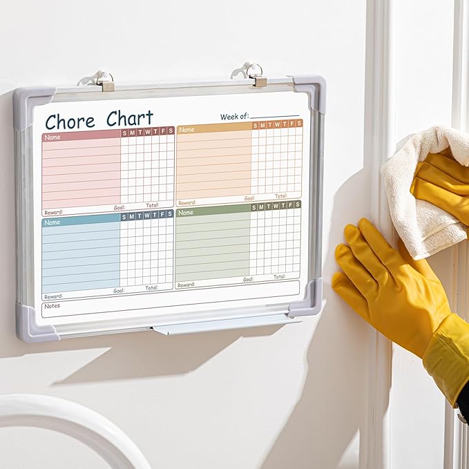 Lincia 12 x 16 Magnetic Dry Erase Chore Chart Board for Family Adults Double Side Family 2 in 1 Combo Chore Board Weekly Calendar Aluminum Frame for Wall 8 Markers 1 Eraser(Multiple People Style)