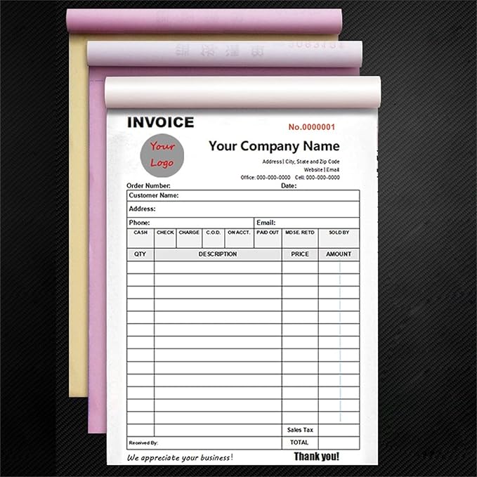 Custom Invoice Book in 3-Part /2-Part Receipt Book with Carbon Copies Personalized Carbonless Service Invoice Form Books Sales Order Book with Company Name Logo Address,A-Invoice Book