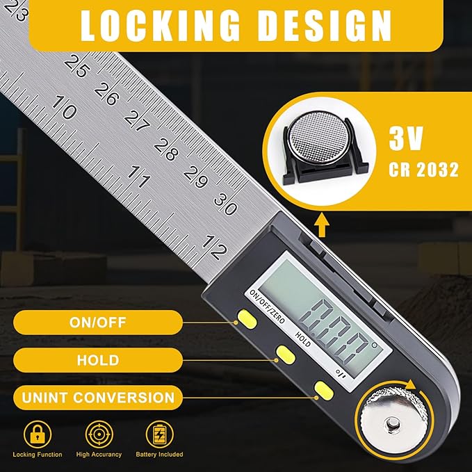 Delgada 12 inch/300mm Digital Angle Finder Tool Stainless Steel Digital Protractor Angle Ruler Finder Tool for Woodworking with Zeroing and Locking Function Battery
