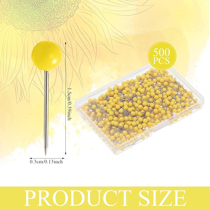 WILLBOND 500 Pack Map Push Pins Map Tacks Small Round Head Push Pins Thumb Tacks for Travel Picture Photo Bulletin Board Wall DIY Craft School Office Home(Yellow,1/6 Inch)