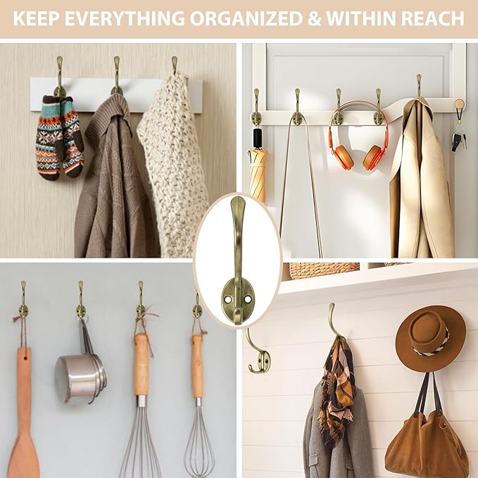 Homanu 14 Pack Coat Hooks Wall Mounted with 28 Screws, Heavy Duty Antique Brass Towel Hooks Metal Double Hooks, No Rust Retro Rustic Wall Hooks for Hanging Towel, Coat, Scarf, Bag, Hat, Cup, Key