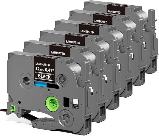 6-Pack Label Maker Tape 12mm 0.47" Black Tze-335 Replacement for Brother P Touch Label Tape TZe335 TZ-335, Compatible with Brother Ptouch PT-D210 PT-H110 PT-D220 PT-D400, White on Black