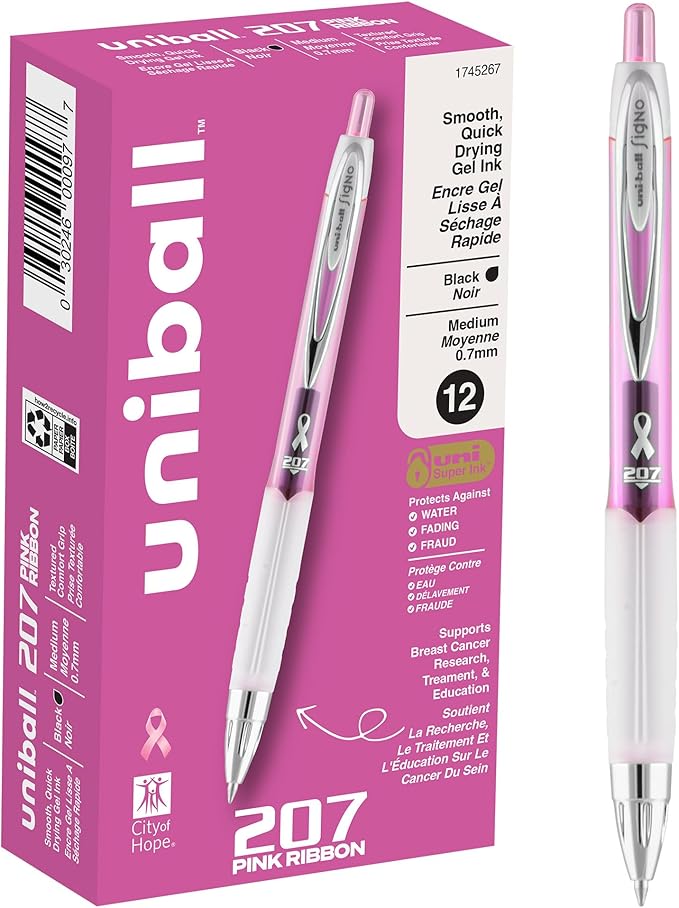 uniball 207 Pink Ribbon Retractable Gel Pens, Medium Point (0.7mm), Black, 12 Pack