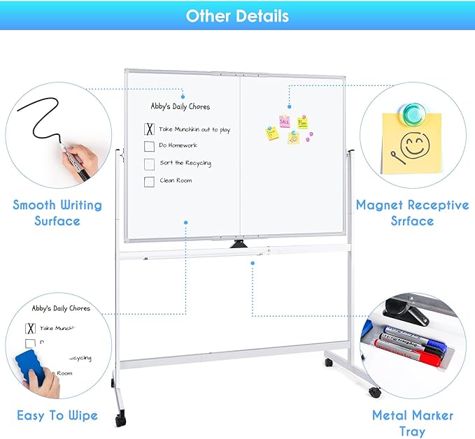 maxtek Rolling Whiteboard, 48x36 Large Magnetic White Board with Stands, Big Double-Sided White Board Dry Erase on Wheels for Homeschool, Home Office, Office, School (Silver, 48 x 36)