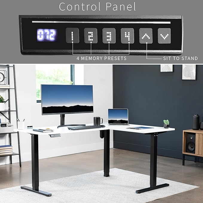 VIVO Electric Corner 63 x 47 inch L-Shaped Standing Desk, Memory Height Adjustment, White Top Black Frame, DESK-E3CTBW-47