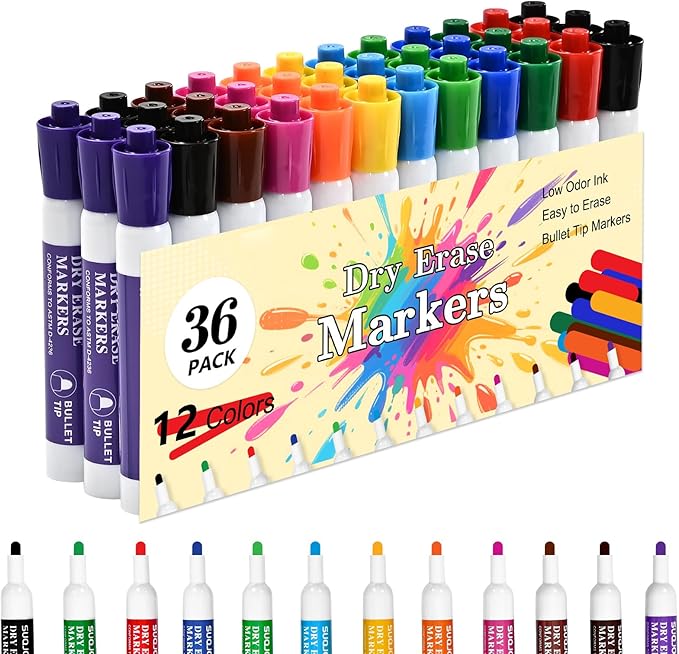 SUQJOY Dry Erase Markers, Bulletl Tip Whiteboard Markers, Low Odor Thick Dry Markers, 36 Bulk 12 Assorted Color Marker for Whiteboard, Classroom, Office & Home (36 Count 12 Colors)