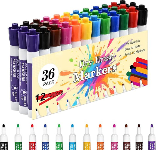 SUQJOY Dry Erase Markers, Bulletl Tip Whiteboard Markers, Low Odor Thick Dry Markers, 36 Bulk 12 Assorted Color Marker for Whiteboard, Classroom, Office & Home (36 Count 12 Colors)