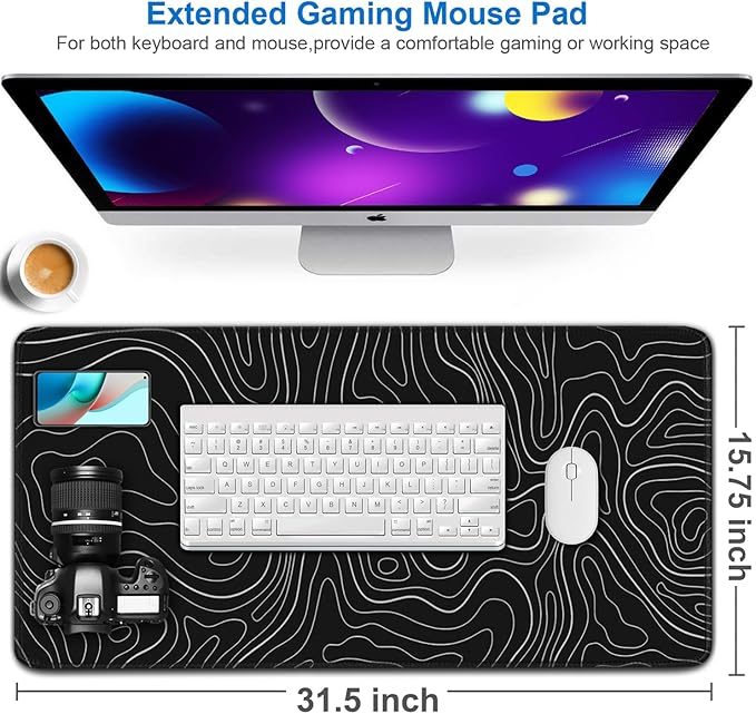 Large Extended Gaming Mouse Pad, 31.5x15.7 inch Computer Keyboard Mouse Mat, Water Resist Non-Slip Mousepad Rubber Base Long XXL Desk Mouse Pad for Gaming, Office & Home, Black White Lines