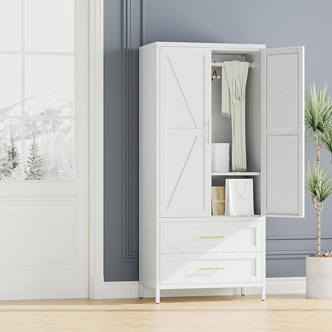 SUPEER Metal Wardrobe Cabinet with 2 Drawers and Hanging Rod, 70.9" H Metal Armoire Wardrobe Closet with Adjustable Shelf for Bedroom, Laundry Room, Home,Office,Installation Required,White