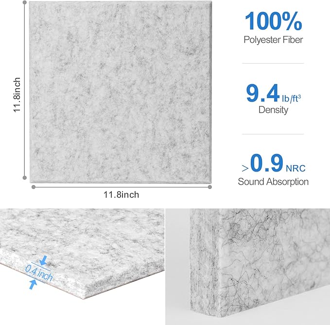 Sonicism 12 Pack Acoustic Wall Panels with Self-Adhesive,12" X 12" X 0.4" Sound Proof Foam Panels, Decorative Soundproof Wall Panels, Sound Proof Absorbing Tiles for Home&Offices, Silver Gray