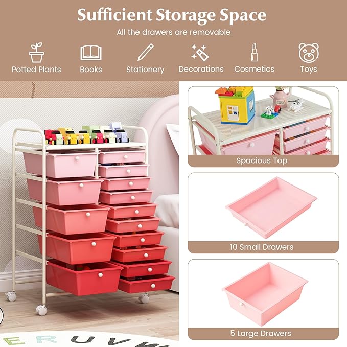 COSTWAY 15 Drawers Storage Cart, Multipurpose Rolling Utility Cart on Wheels w/Lockable Wheels & Removable Drawers, Mobile Tools Scrapbook Paper Organizer Cart for Office School Home, Mixed Pink