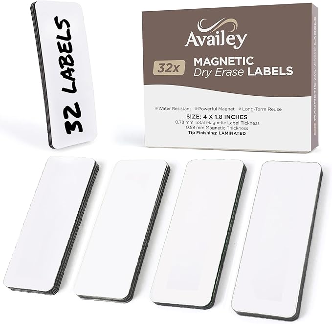 Availey 32 Pieces (4 x 1.8) - White Magnetic Dry Erase Labels - Reusable Strips for Classroom Home Office Garage Refrigerator - Blank Writable Erasable Cards - Name Tags Students Locker Shelf