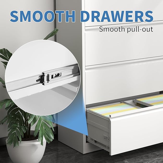 FLIXELIO File Cabinets 4 Drawer,Metal Office Storage Filing Cabinet with Lock,White Lateral Filing Cabinet for Home Office,Horizontal Locking File Cabinet for Legal/Letter/A4,Assembly Require,White
