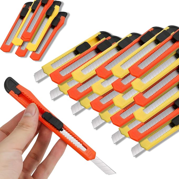 DIYSELF 24 Pack Box Cutters Bulk (9mm Wide Blade Cutter) Utility Knife Retractable, Razor Knife Exacto Knife, Compact, Extended Use for Heavy Duty Office, Home, Crafts, Hobby, Disposable Box Cutter