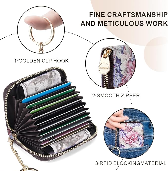 APHISON RFID Credit Card Holder Wallets for Women Leather Zipper Card Case for Ladies Keychain Wallet