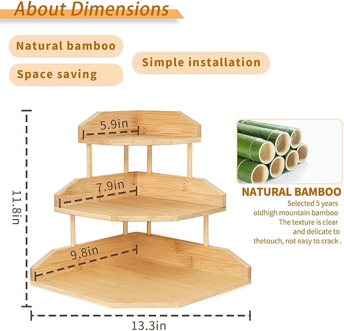 HYNAWIN Bamboo Corner Desk Organizer Shelf, 3-Tier Triangle Storage Rack for Office & Home, Space-Saving Desktop Shelf for Books, Stationery, Makeup, Small Items