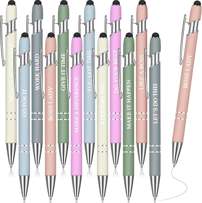 Zonon 12 Pcs Inspirational Pens Bulk Funny Ballpoint Pen with Stylus Tip Motivational Gifts for Valentine's Day Teacher Coworkers Nurse School Office Supplies(Morandi,Boss Lady)