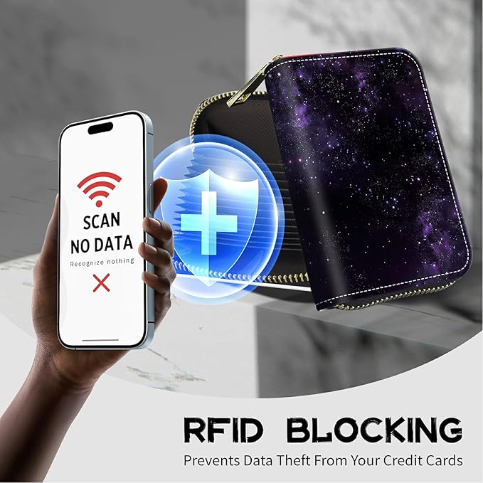 BWEGRHE Cute Credit Card Holder with Zipper, Purple Galaxy RFID-Blocking Card Case Small Wallet for Women Men, Multi-slot Card Organizer Case Travel Accordion Wallet