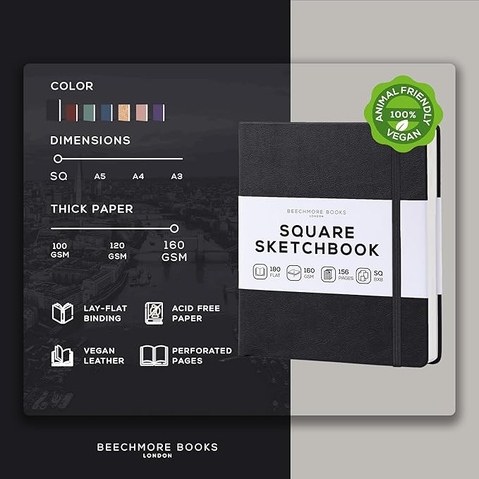 Beechmore Books Square Sketchbook – 8x8 Premium Vegan Leather Bound Large Sketch Book Hardcover with 156 Thick 160gsm Perforated Ivory Pages, Blank Sketch Pad, Gift Boxed Back Pocket, Ribbon Bookmark