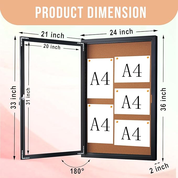 Homezelle Enclosed Cork Bulletin Board 36"x24" Outdoor Weatherproof Cork Noticeboard with Locking Door Wall-Mounted Black Aluminium Frame for Home, School, Office, Community, Hospital