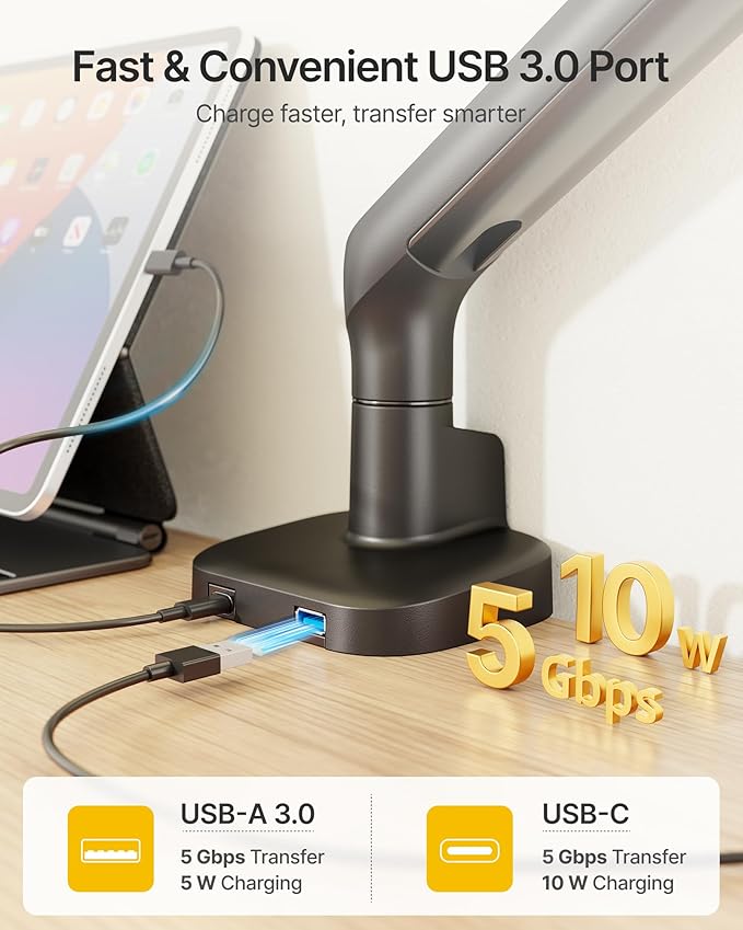 monTEK Single Monitor Arm with USB, Mechanical Spring Monitor Arm for 17-40" Screens, Adjustable Monitors Desk Mount Holds up to 24.2 lbs with C Clamp/Grommet Desk Mount, VESA 75/100mm, MA1011UCBK