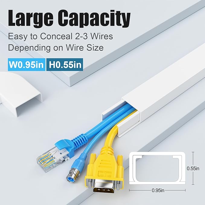 Yecaye Cord Hider, 113in Medium Cord Covers for Wires on Wall, Cord Organizer for 2-3 Wires, Easy Install Cable Management Kit, TV Cable Hider for Home Office, W0.95in H0.55in, White