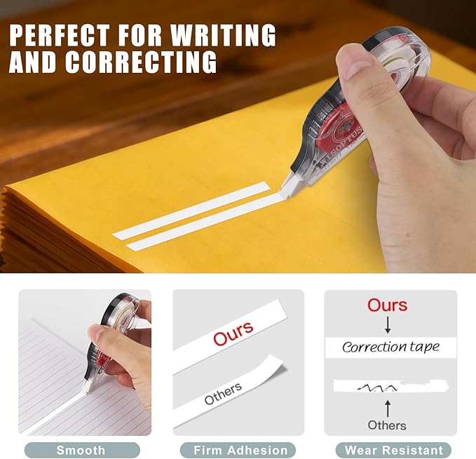 WISOPTUS 15PCS White Correction Tape with Dispenser, 39.37ft Each, Fast, Clean, Opaque and Easy to Use Tear-Resistant Correction Tape Bulk Office or School Supplies, Blue, Red, Gray