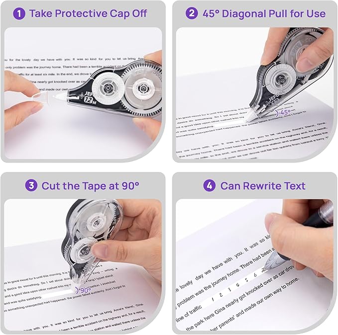 JEFURE 4 Pcs Correction Tape, 39.37 Ft White Wrong Out Tear-Resistant Bulk, Instant Corrections Easy to Use Applicator for School, Office, Note Taking, Journal (Tape Width 0.2 in，Clear)