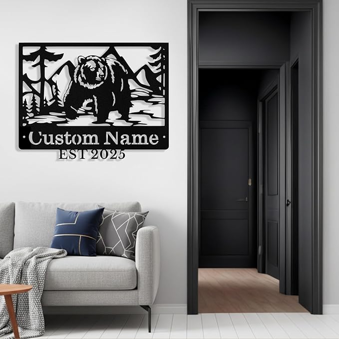 Custom Bear Metal Sign, Custom Bear Metal Wall Art Decor, Personalized Last Name Signs for Home, Rustic Farmhouse Black Wall Decor for Cabin, Bedroom, Living Room, Porch