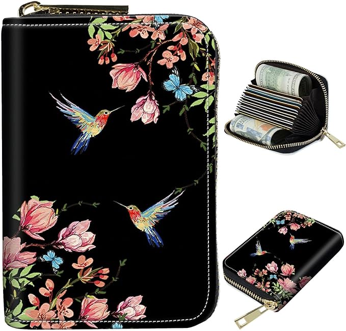 BWEGRHE Cute Credit Card Holder with Zipper, Hummingbird Floral Sakura RFID-Blocking Card Case Small Wallet for Women Men, Multi-slot Card Organizer Case Travel Accordion Wallet