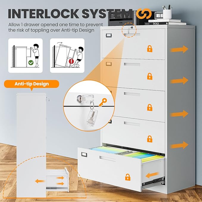 AFAIF 5 Drawer File Cabinets for Home Office, Metal Filing Cabinet with Lock, White Locking File Caninet Five Drawer, Office Storage Caninets Steel Cabnet for Letter/Legal/A4/F4-Assembly Required