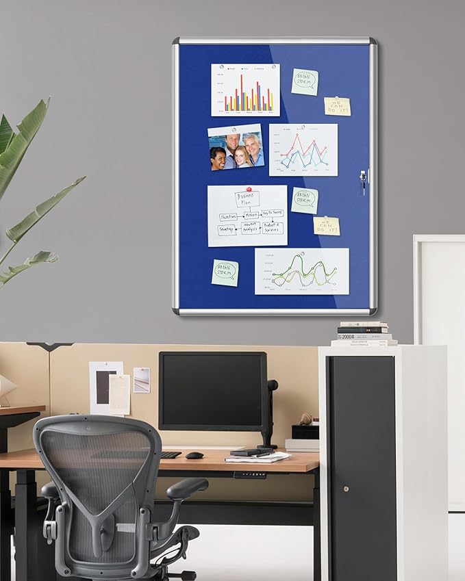 Mifuro 38"x28" Enclosed Bulletin Board, Lockable Weather-Resistant Aluminum Cork Noticeboard for School & Office, Silver Frame w/Blue Flet